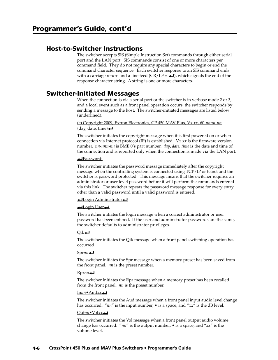 Host-to-switcher instructions, Switcher-initiated messages, Programmer’s guide, cont’d | Extron Electronics MAV Plus series Large Scale User Guide User Manual | Page 94 / 186