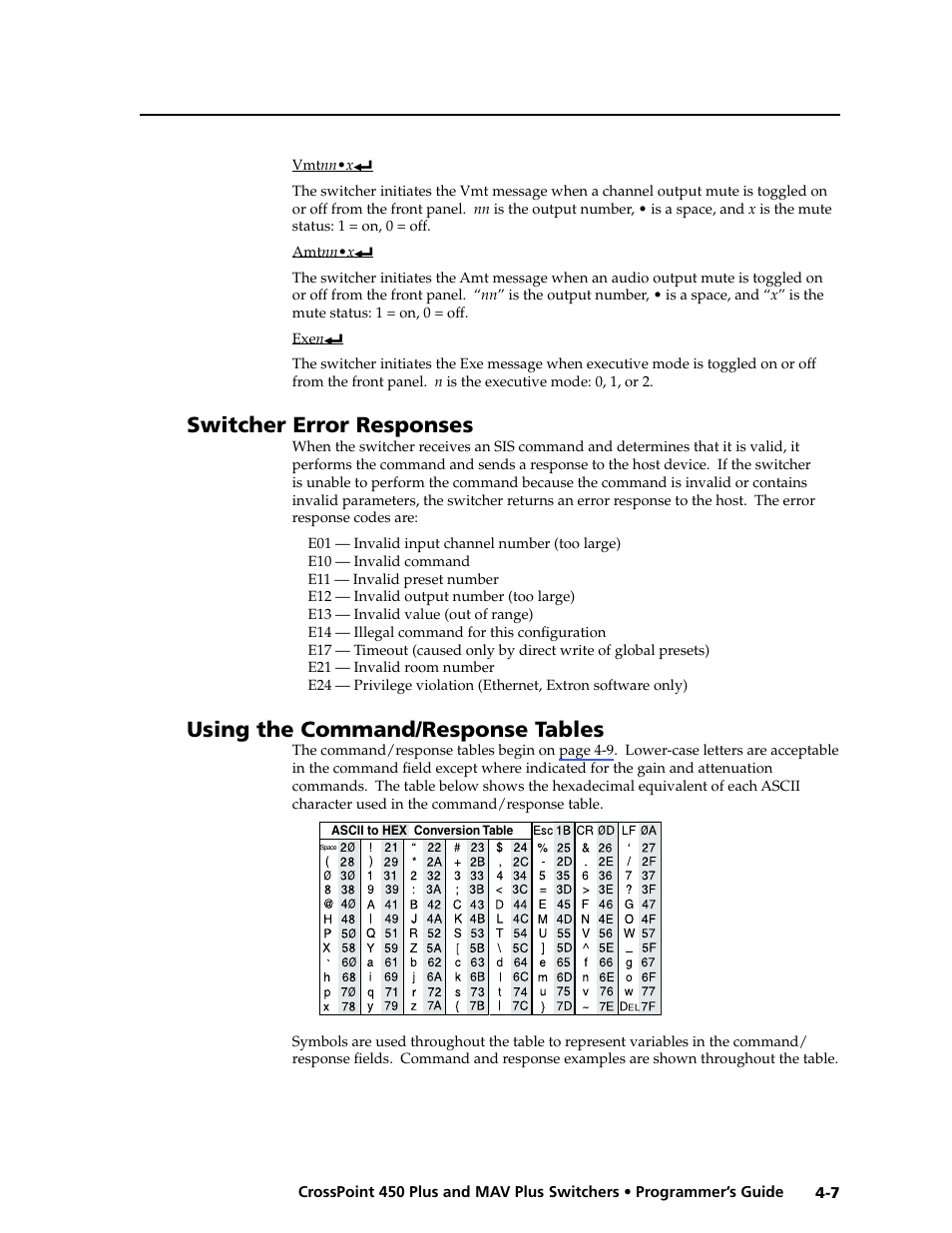 Switcher error responses, Using the command/response tables | Extron Electronics MAV Plus series Large Scale User Guide User Manual | Page 95 / 186