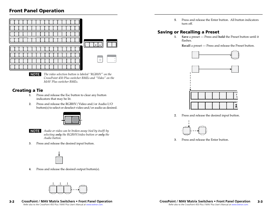 Creating a tie, Saving or recalling a preset, Front panel operation | Extron Electronics MAV Plus series Large Scale Setup Guide User Manual | Page 11 / 21