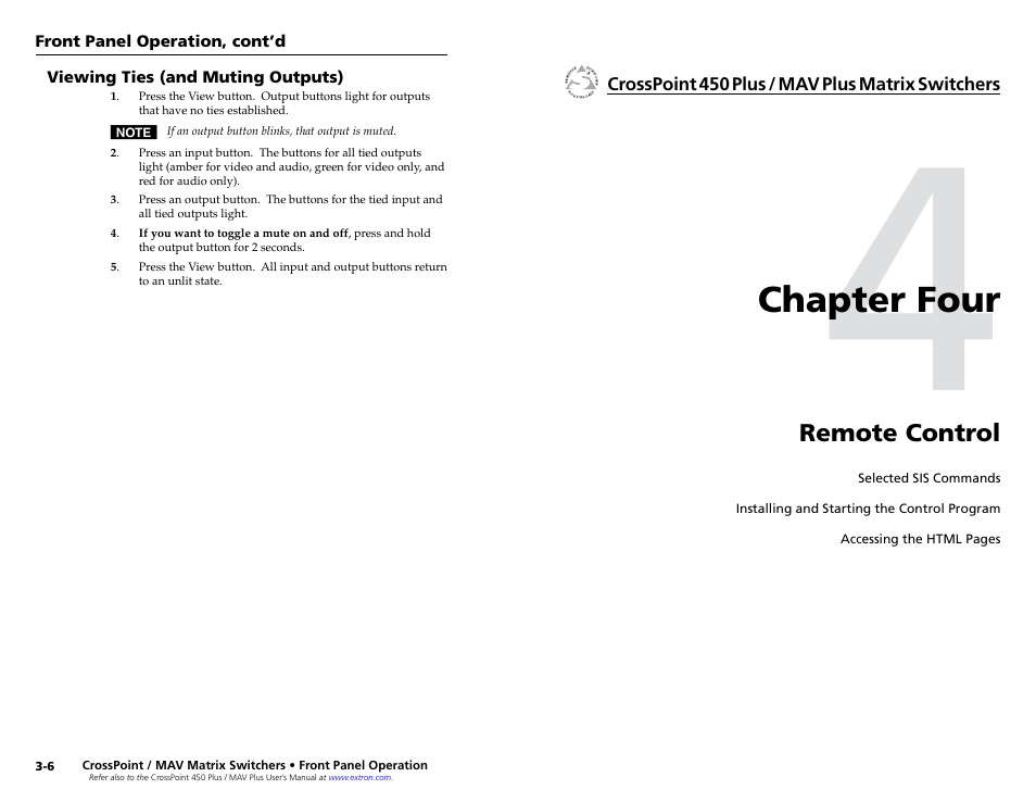 Viewing ties (and muting outputs), Chapter 4 • remote control, Chapter four • remote control | Chapter four | Extron Electronics MAV Plus series Large Scale Setup Guide User Manual | Page 13 / 21