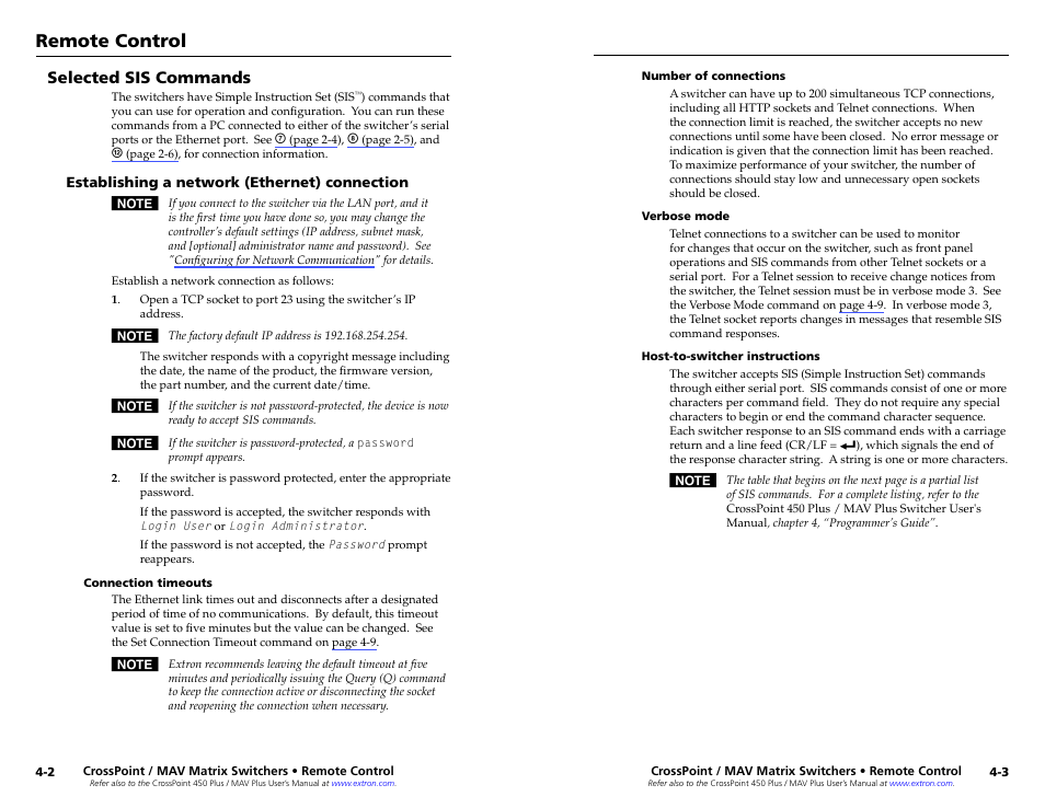 Selected sis commands, Establishing a network (ethernet) connection, Connection timeouts | Number of connections, Verbose mode, Establishing a network (ethernet) connection -2, Remote control | Extron Electronics MAV Plus series Large Scale Setup Guide User Manual | Page 14 / 21
