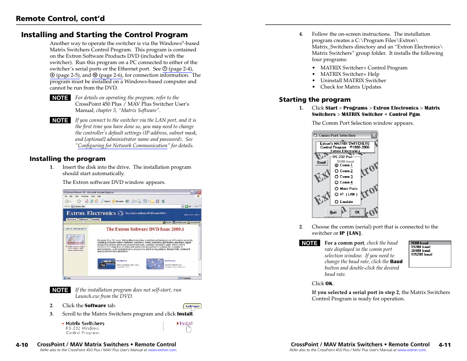 Installing and starting the control program, Installing the program, Starting the program | Remote control, cont’d | Extron Electronics MAV Plus series Large Scale Setup Guide User Manual | Page 18 / 21