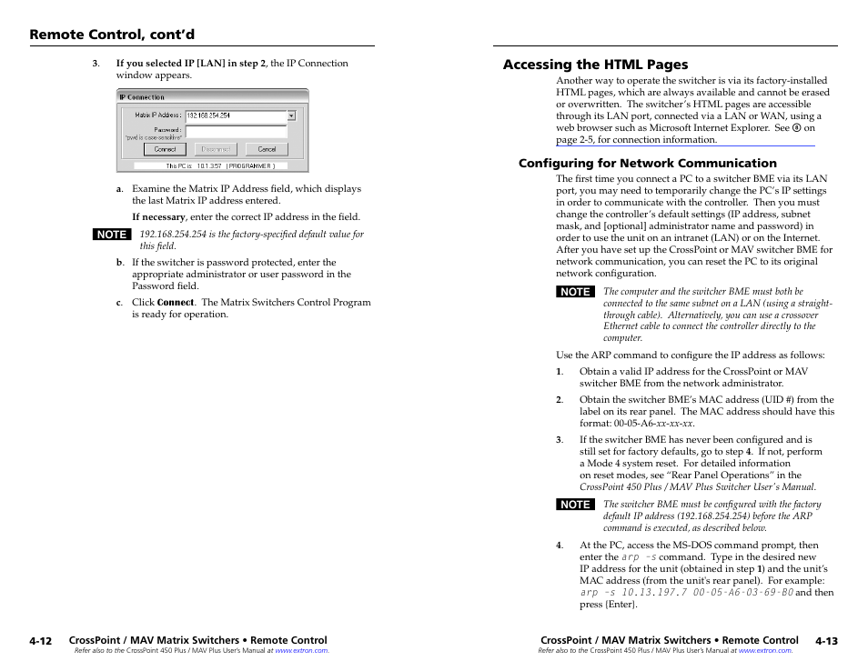 Configuring for network communication, Configuring for network communication -13, Remote control, cont’d | Accessing the html pages | Extron Electronics MAV Plus series Large Scale Setup Guide User Manual | Page 19 / 21