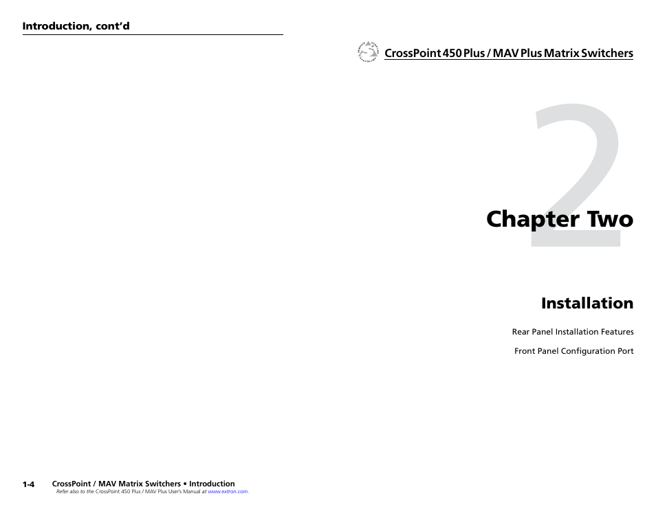 Chapter 2 • installation, Chapter two • installation | Extron Electronics MAV Plus series Large Scale Setup Guide User Manual | Page 7 / 21