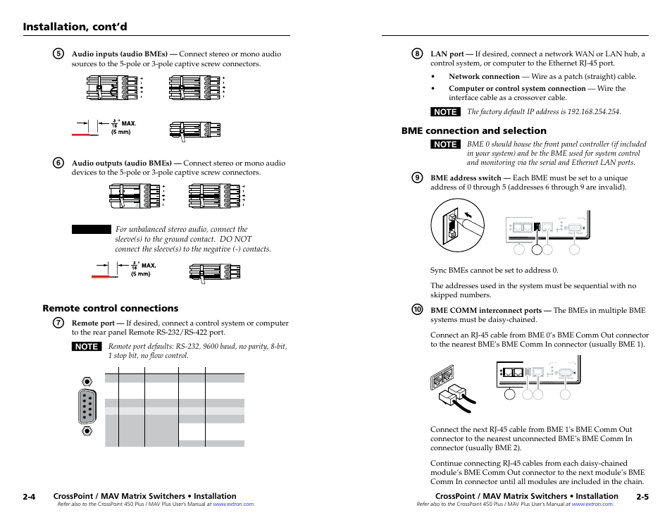 Remote control connections, Bme connection and selection, Installation, cont’d | Extron Electronics MAV Plus series Large Scale Setup Guide User Manual | Page 9 / 21