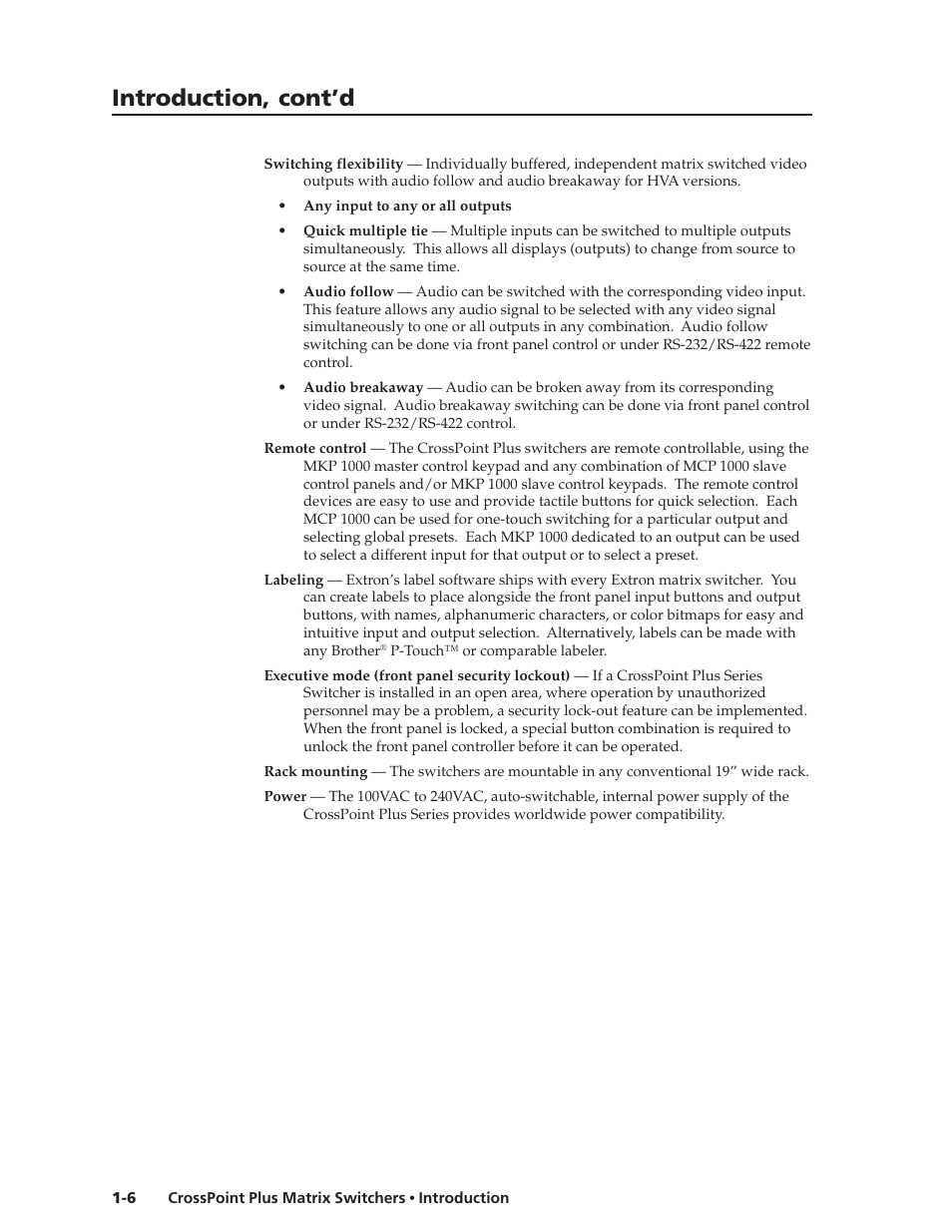 Introduction, cont’d | Extron Electronics CrossPoint Plus Matrix Switchers 84, 88, 124, 128, 168, 1616 HV and HVA User Manual | Page 12 / 72