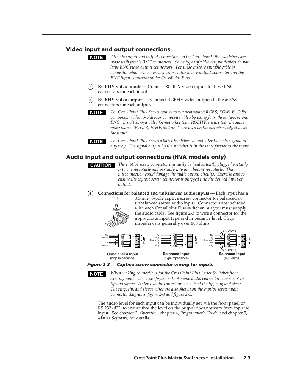 Video input and output connections, 3 crosspoint plus matrix switchers • installation, Caution | Extron Electronics CrossPoint Plus Matrix Switchers 84, 88, 124, 128, 168, 1616 HV and HVA User Manual | Page 15 / 72