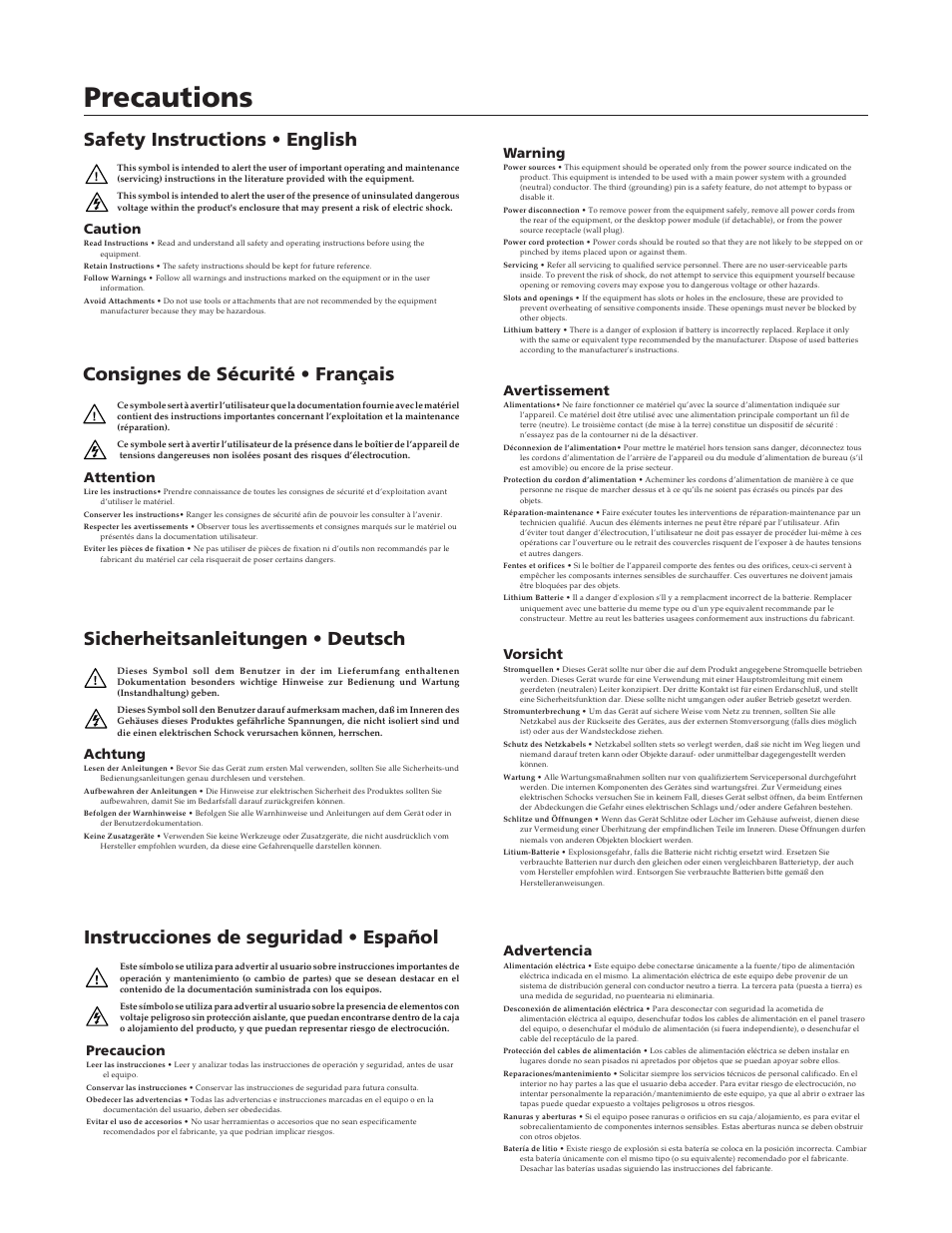 Precautions, Instrucciones de seguridad • español, Caution | Warning, Attention, Avertissement, Achtung, Vorsicht, Precaucion, Advertencia | Extron Electronics CrossPoint Plus Matrix Switchers 84, 88, 124, 128, 168, 1616 HV and HVA User Manual | Page 2 / 72