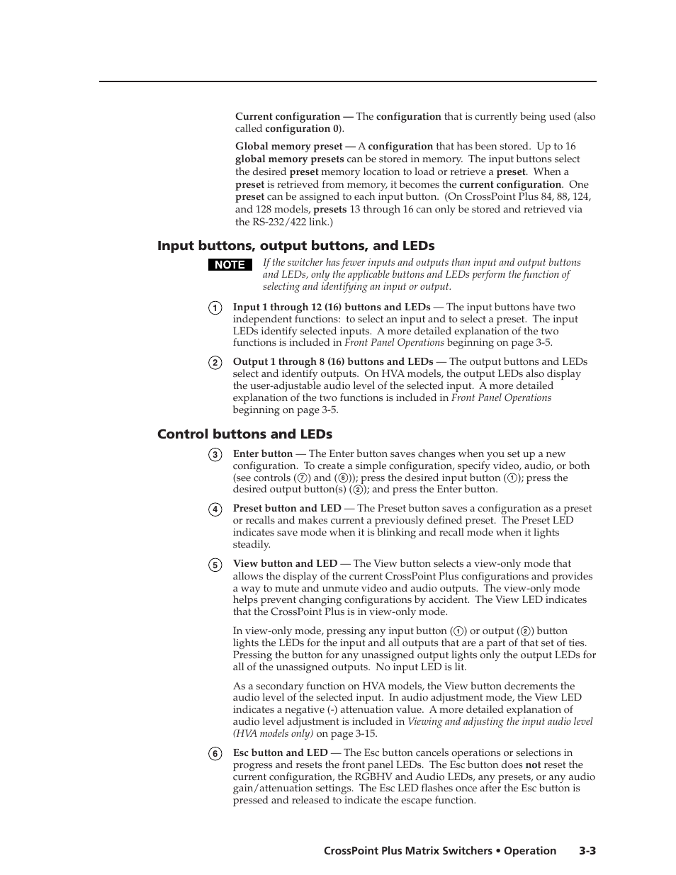 Input buttons, output buttons, and leds, Control buttons and leds | Extron Electronics CrossPoint Plus Matrix Switchers 84, 88, 124, 128, 168, 1616 HV and HVA User Manual | Page 23 / 72