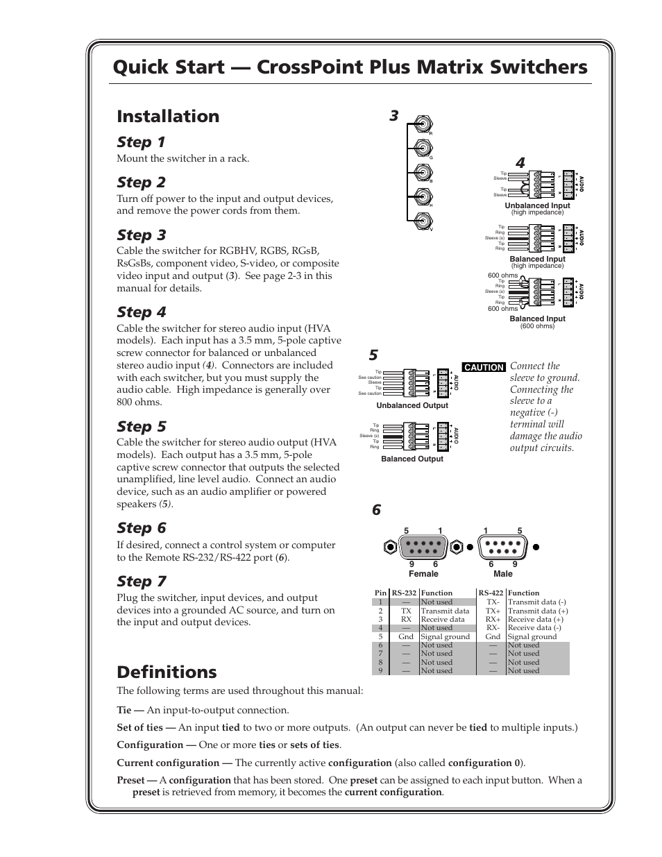 Quick start — crosspoint plus matrix switchers, Installation, Definitions | Step 1, Step 2, Step 3, Step 4, Step 5, Step 6, Step 7 | Extron Electronics CrossPoint Plus Matrix Switchers 84, 88, 124, 128, 168, 1616 HV and HVA User Manual | Page 3 / 72