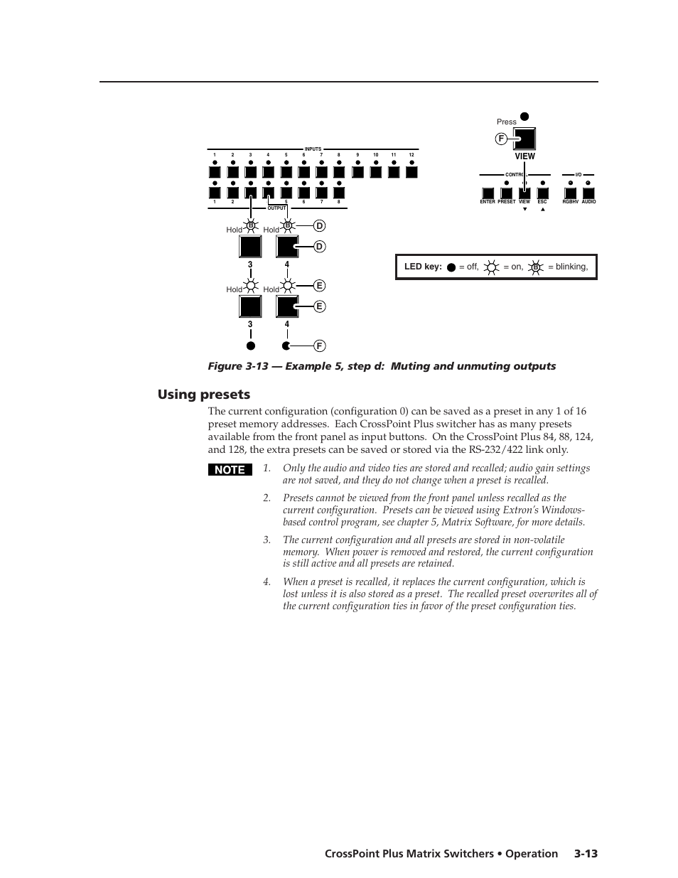 Using presets, 13 crosspoint plus matrix switchers • operation | Extron Electronics CrossPoint Plus Matrix Switchers 84, 88, 124, 128, 168, 1616 HV and HVA User Manual | Page 33 / 72