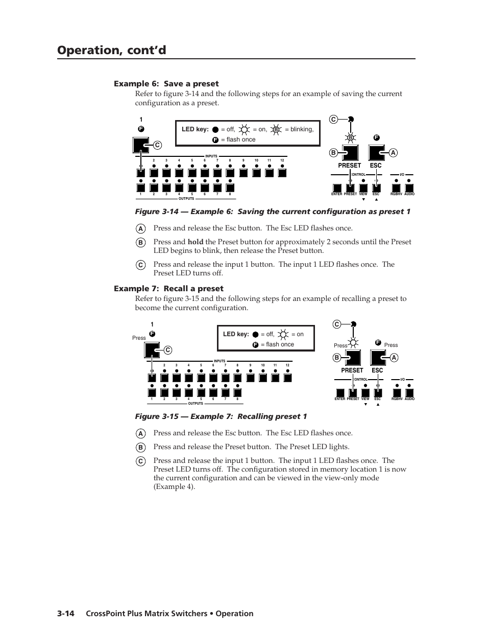 Operation, cont’d, Example 7: recall a preset | Extron Electronics CrossPoint Plus Matrix Switchers 84, 88, 124, 128, 168, 1616 HV and HVA User Manual | Page 34 / 72