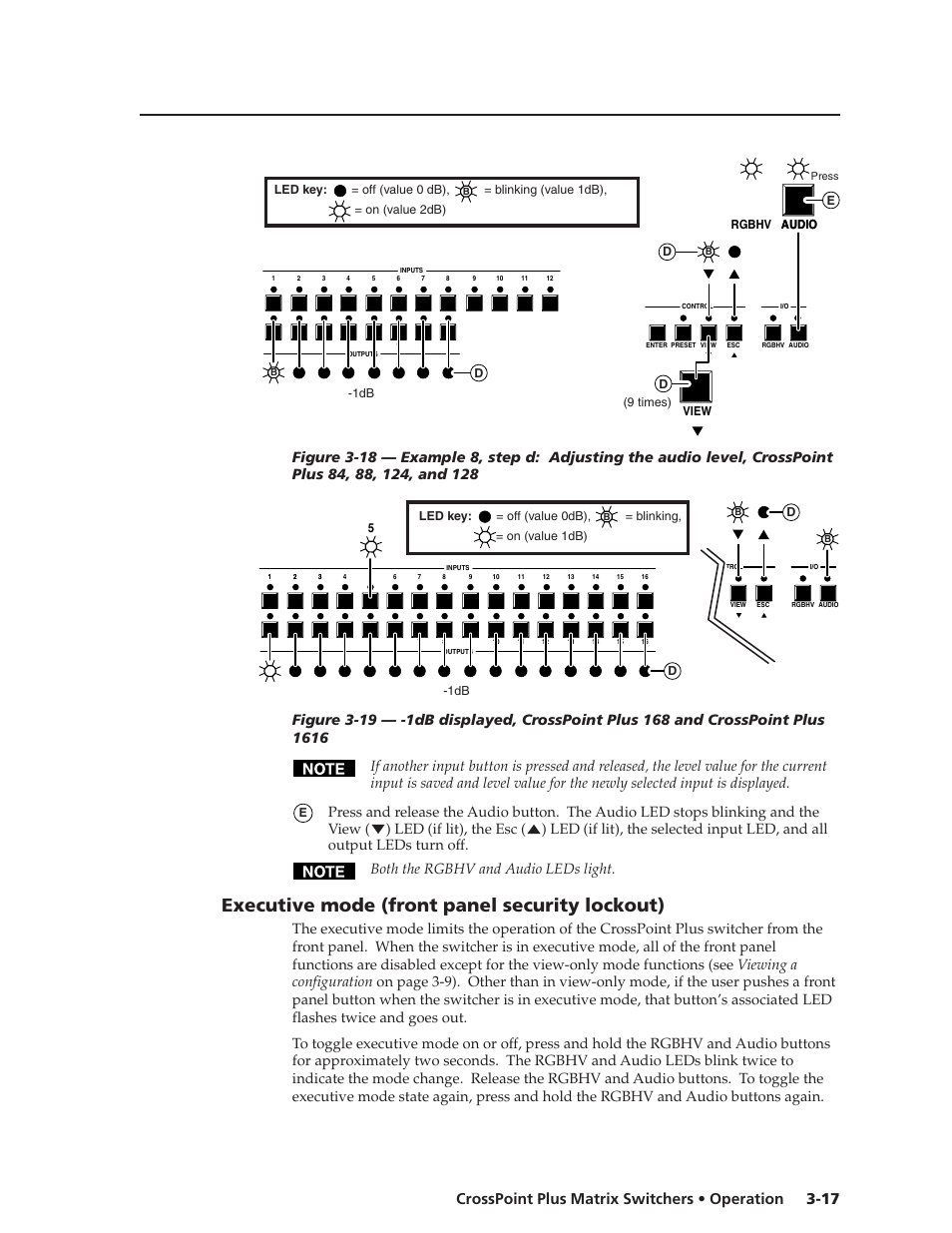 Executive mode (front panel security lockout), 17 crosspoint plus matrix switchers • operation | Extron Electronics CrossPoint Plus Matrix Switchers 84, 88, 124, 128, 168, 1616 HV and HVA User Manual | Page 37 / 72