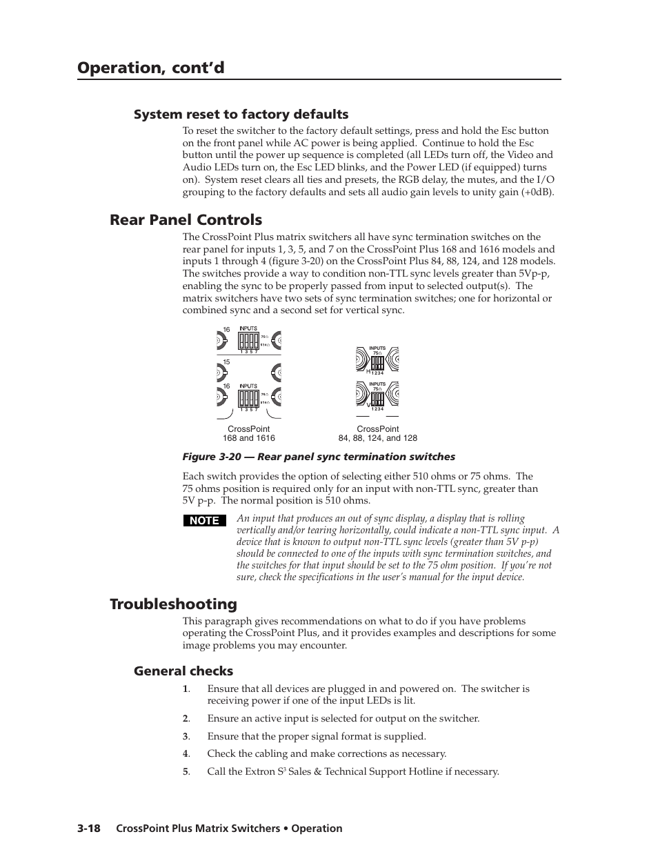 Operation, cont’d, Rear panel controls, Troubleshooting | System reset to factory defaults, General checks | Extron Electronics CrossPoint Plus Matrix Switchers 84, 88, 124, 128, 168, 1616 HV and HVA User Manual | Page 38 / 72