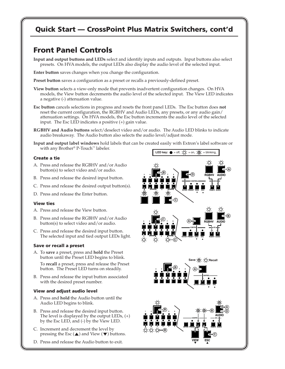 Front panel controls, P-touch | Extron Electronics CrossPoint Plus Matrix Switchers 84, 88, 124, 128, 168, 1616 HV and HVA User Manual | Page 4 / 72