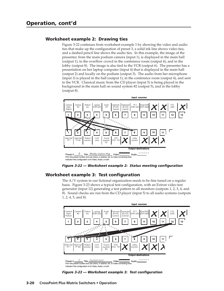 Operation, cont’d, Worksheet example 2: drawing ties, Worksheet example 3: test configuration | Crosspoint plus matrix switchers • operation 3-20 | Extron Electronics CrossPoint Plus Matrix Switchers 84, 88, 124, 128, 168, 1616 HV and HVA User Manual | Page 40 / 72
