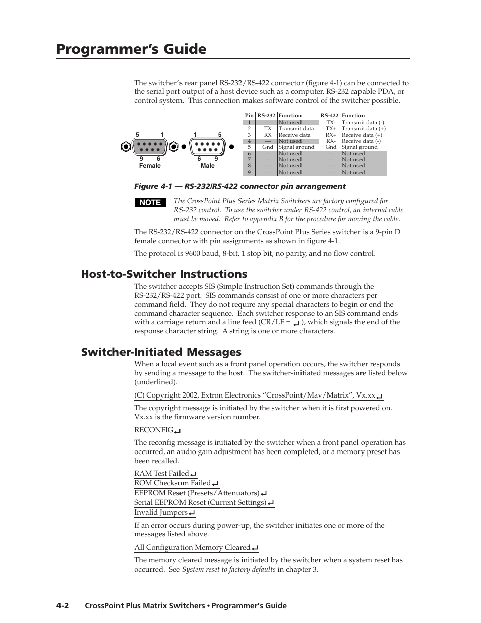 Programmer’s guide, Programmer’s guide, cont’d, Host-to-switcher instructions | Switcher-initiated messages | Extron Electronics CrossPoint Plus Matrix Switchers 84, 88, 124, 128, 168, 1616 HV and HVA User Manual | Page 44 / 72