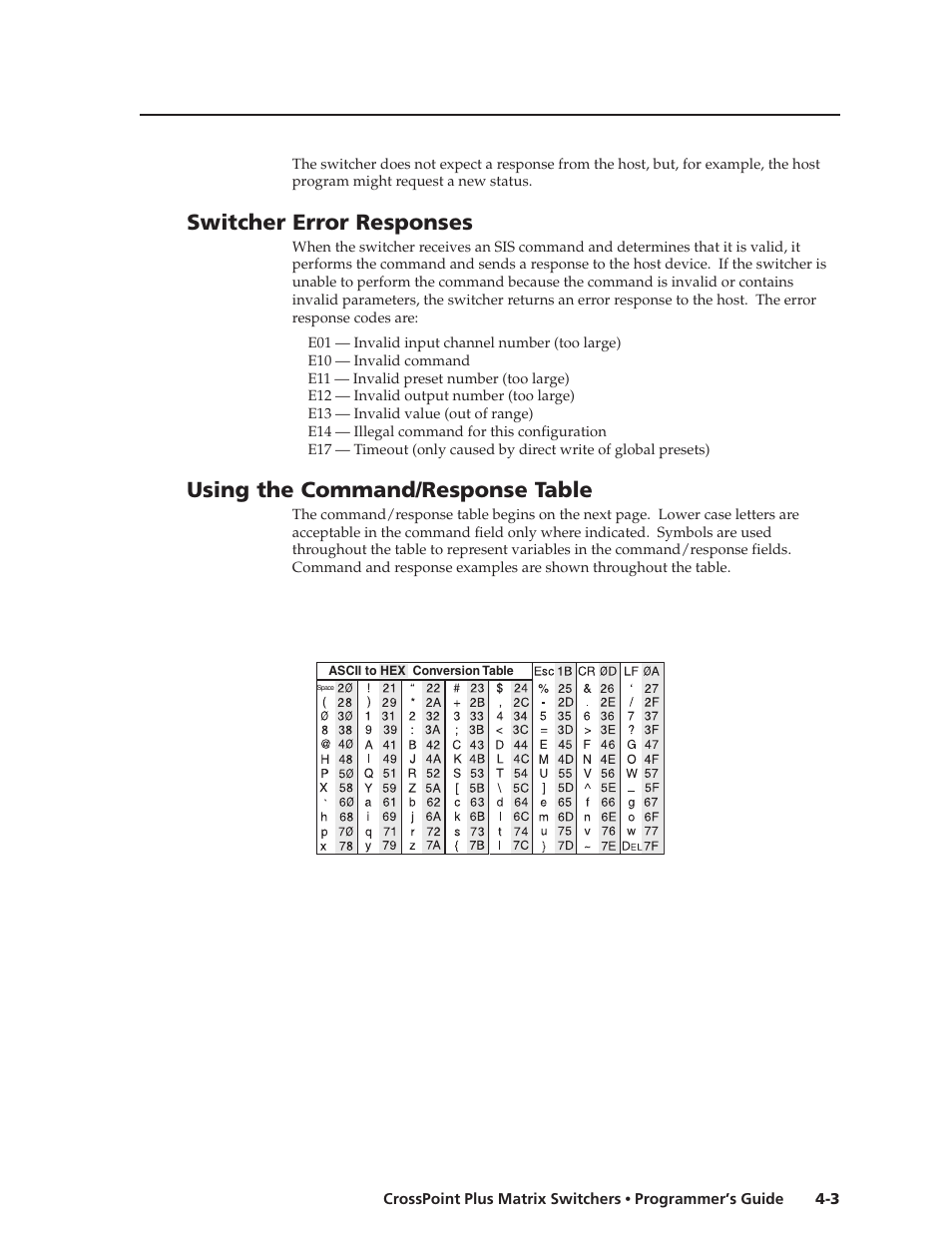 Switcher error responses, Using the command/response table | Extron Electronics CrossPoint Plus Matrix Switchers 84, 88, 124, 128, 168, 1616 HV and HVA User Manual | Page 45 / 72