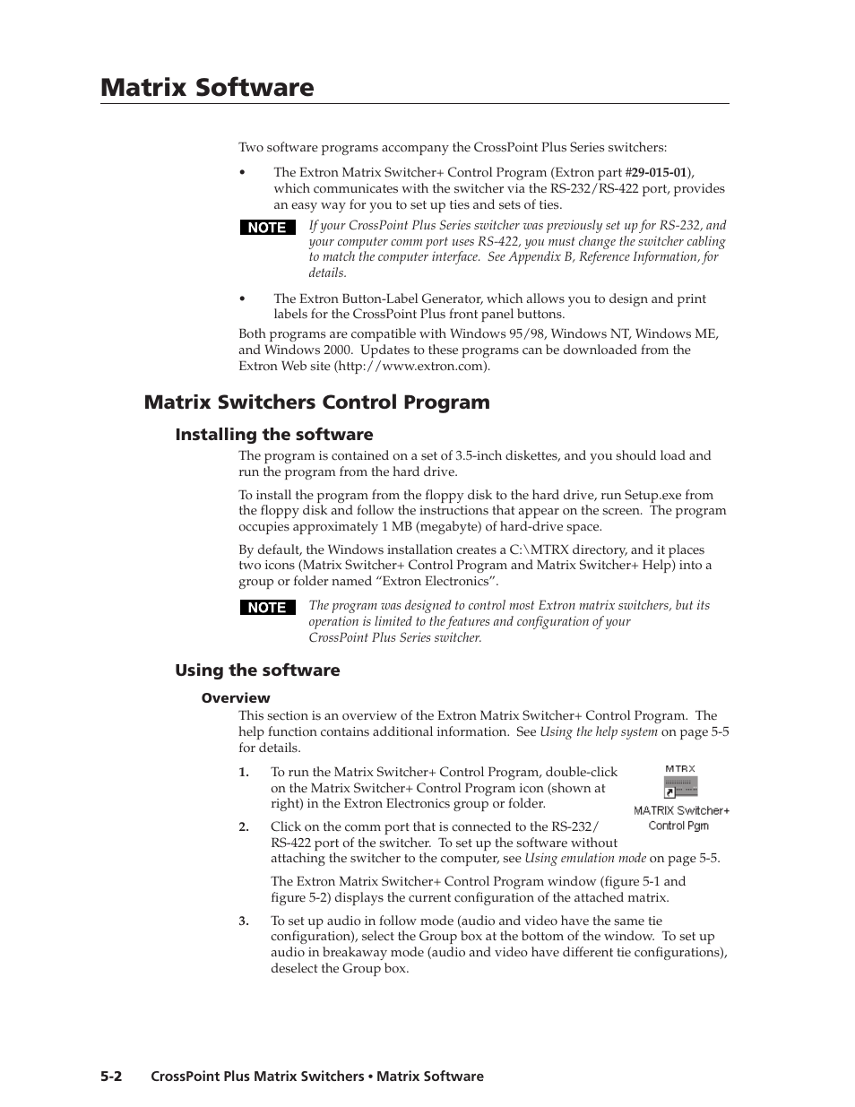 Matrix software, Matrix software, cont’d, Matrix switchers control program | Extron Electronics CrossPoint Plus Matrix Switchers 84, 88, 124, 128, 168, 1616 HV and HVA User Manual | Page 52 / 72