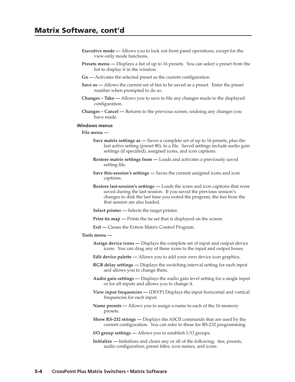 Matrix software, cont’d | Extron Electronics CrossPoint Plus Matrix Switchers 84, 88, 124, 128, 168, 1616 HV and HVA User Manual | Page 54 / 72