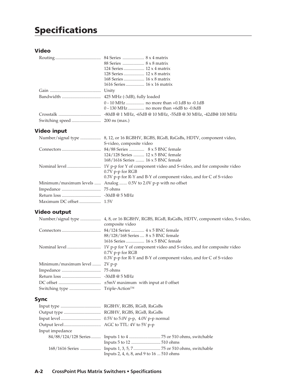 Specifications, Specifications, cont’d | Extron Electronics CrossPoint Plus Matrix Switchers 84, 88, 124, 128, 168, 1616 HV and HVA User Manual | Page 58 / 72