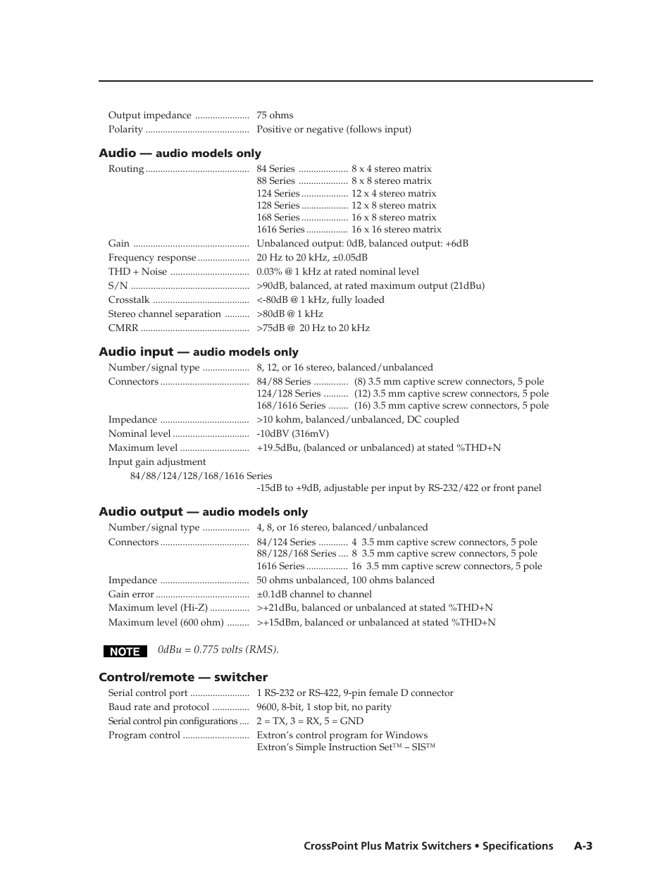 Extron Electronics CrossPoint Plus Matrix Switchers 84, 88, 124, 128, 168, 1616 HV and HVA User Manual | Page 59 / 72
