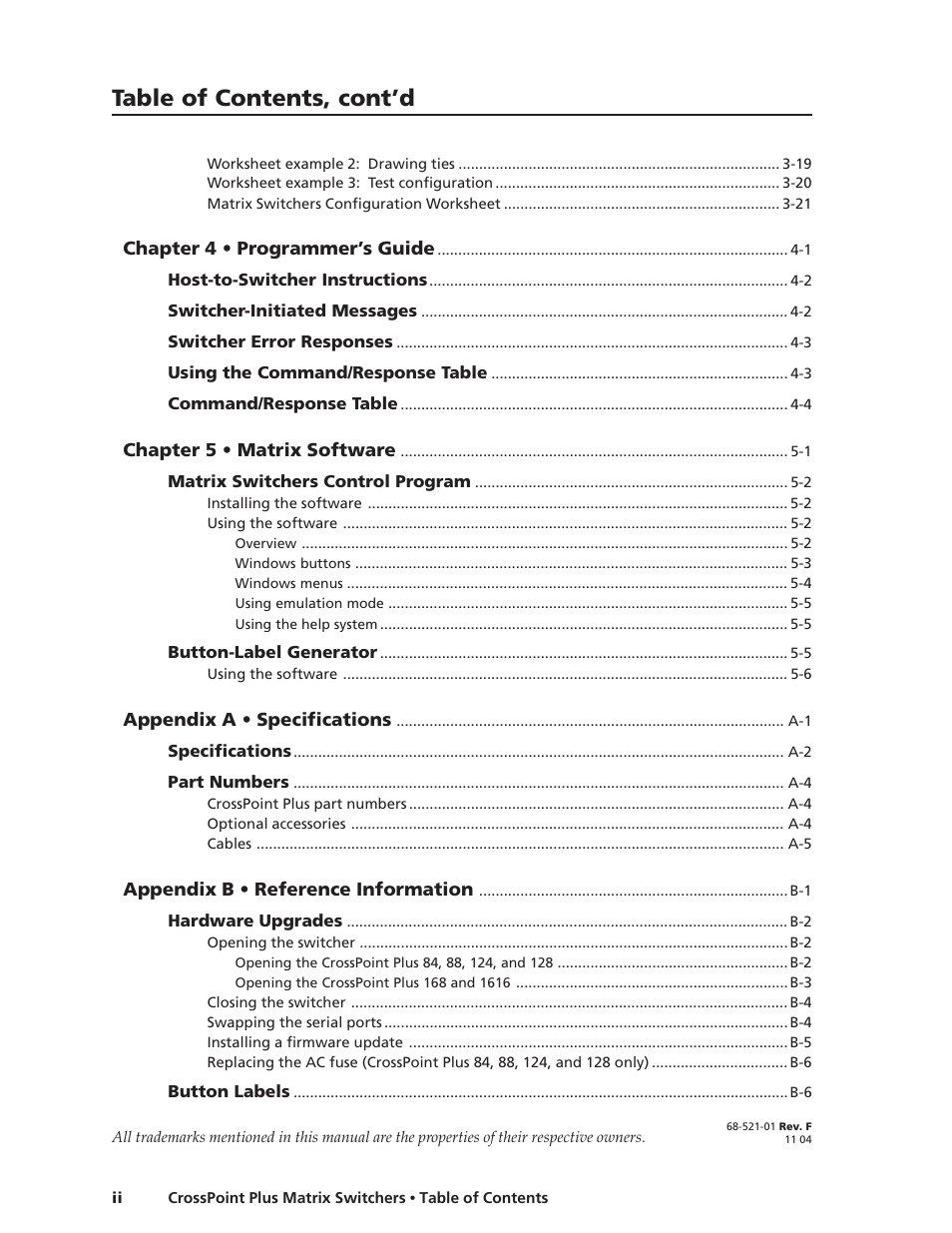 Table of contents, cont’d | Extron Electronics CrossPoint Plus Matrix Switchers 84, 88, 124, 128, 168, 1616 HV and HVA User Manual | Page 6 / 72