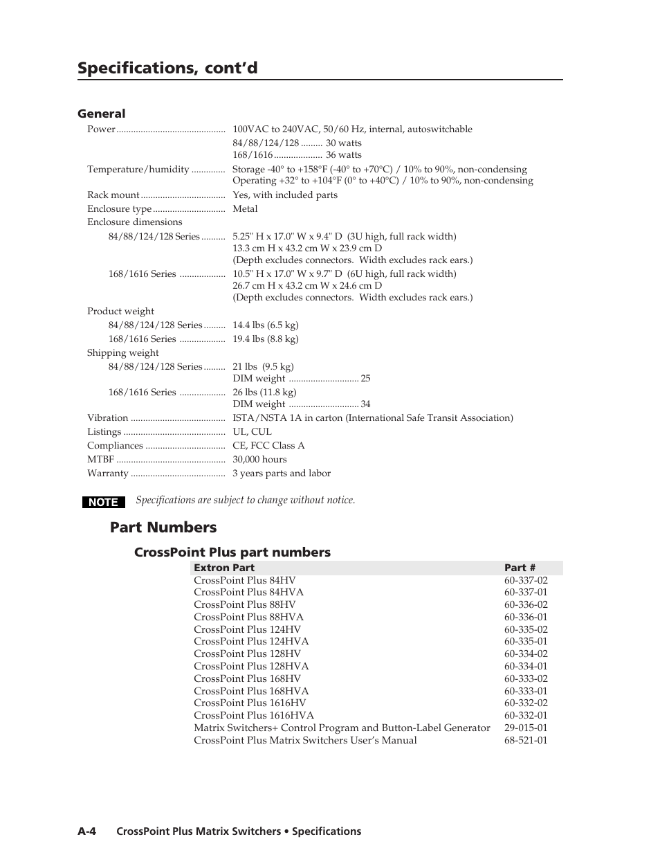 Specifications, cont’d, Part numbers, Crosspoint plus part numbers | Extron Electronics CrossPoint Plus Matrix Switchers 84, 88, 124, 128, 168, 1616 HV and HVA User Manual | Page 60 / 72