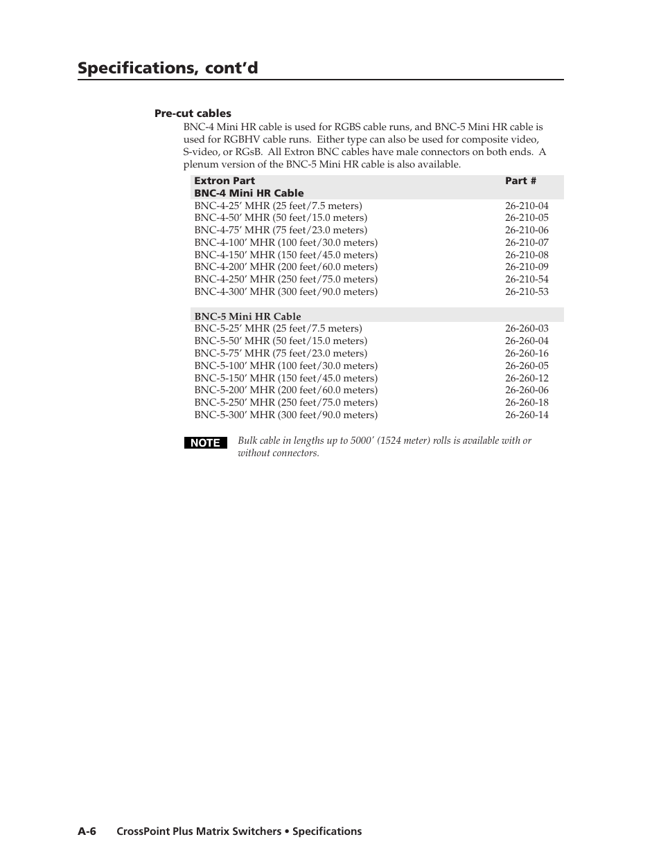 Specifications, cont’d | Extron Electronics CrossPoint Plus Matrix Switchers 84, 88, 124, 128, 168, 1616 HV and HVA User Manual | Page 62 / 72