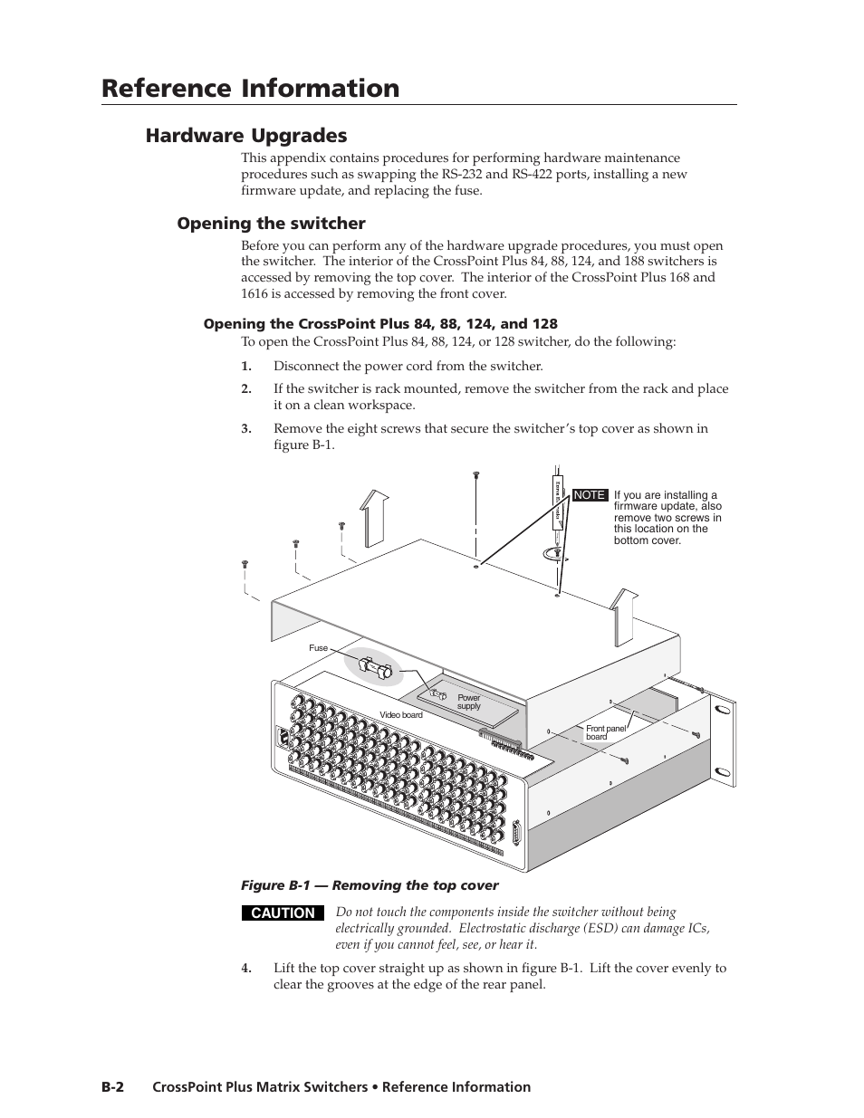 Reference information, Reference information, cont’d, Hardware upgrades | Opening the switcher | Extron Electronics CrossPoint Plus Matrix Switchers 84, 88, 124, 128, 168, 1616 HV and HVA User Manual | Page 64 / 72