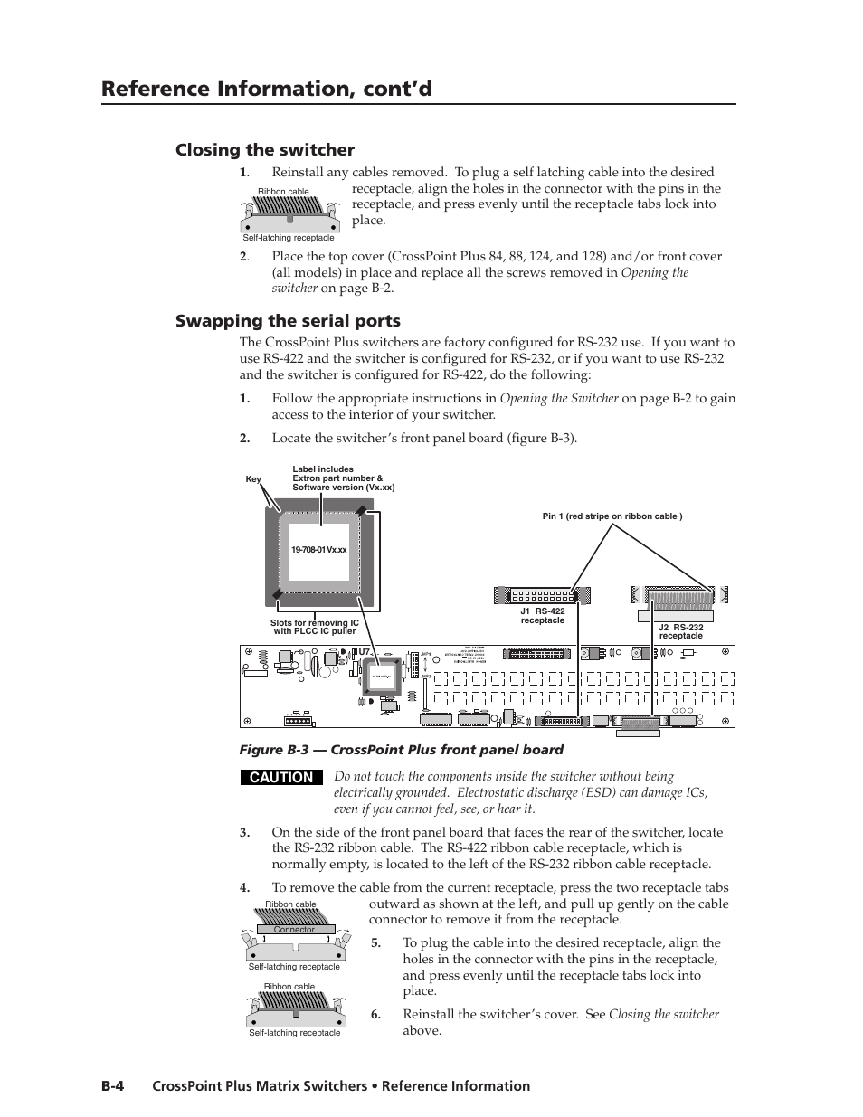 Reference information, cont’d, Closing the switcher, Swapping the serial ports | Caution | Extron Electronics CrossPoint Plus Matrix Switchers 84, 88, 124, 128, 168, 1616 HV and HVA User Manual | Page 66 / 72