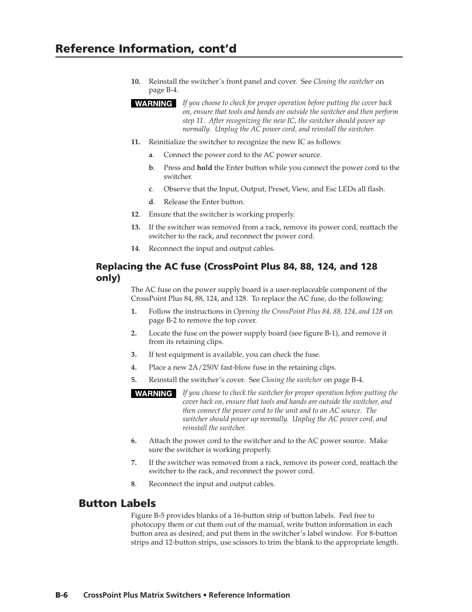 Reference information, cont’d, Button labels | Extron Electronics CrossPoint Plus Matrix Switchers 84, 88, 124, 128, 168, 1616 HV and HVA User Manual | Page 68 / 72