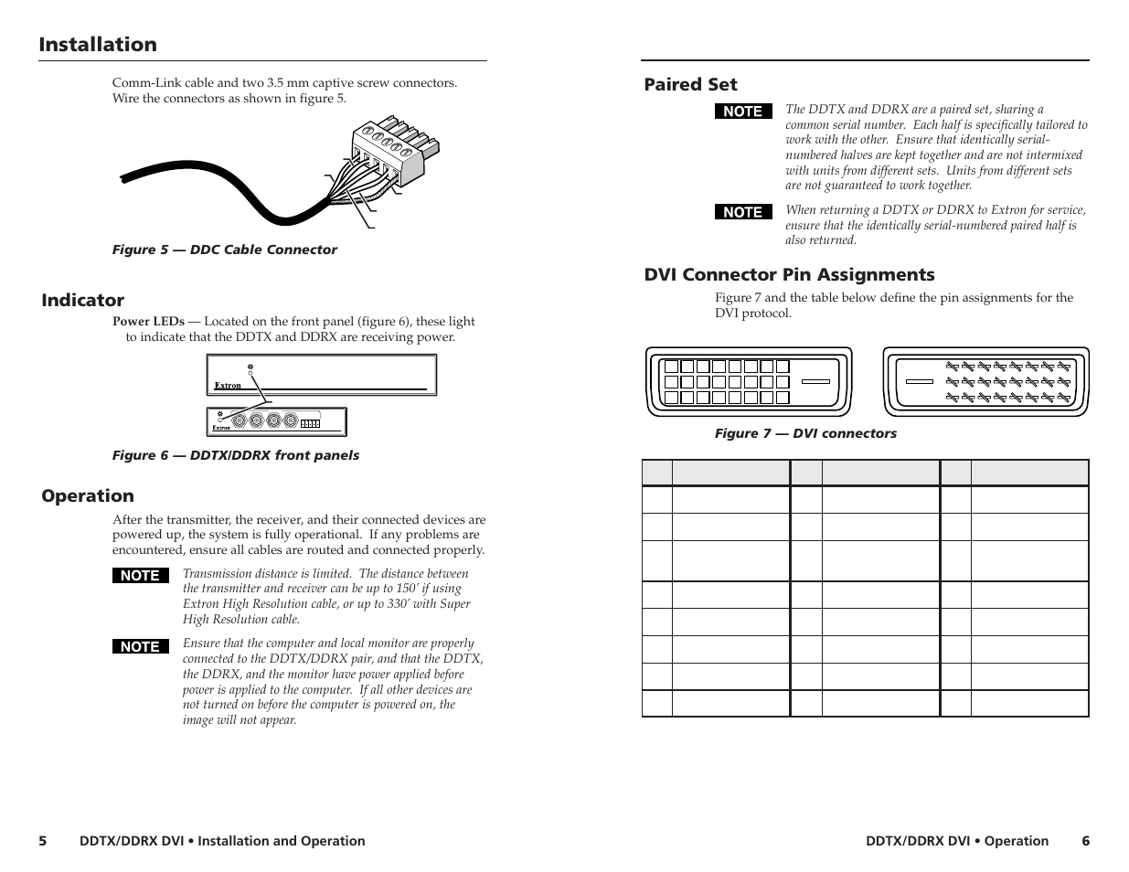 Installation, Paired set, Dvi connector pin assignments | Indicator, Operation, Direct digital transmitter | Extron Electronics DDTX_DDRX DVI User Manual | Page 3 / 4
