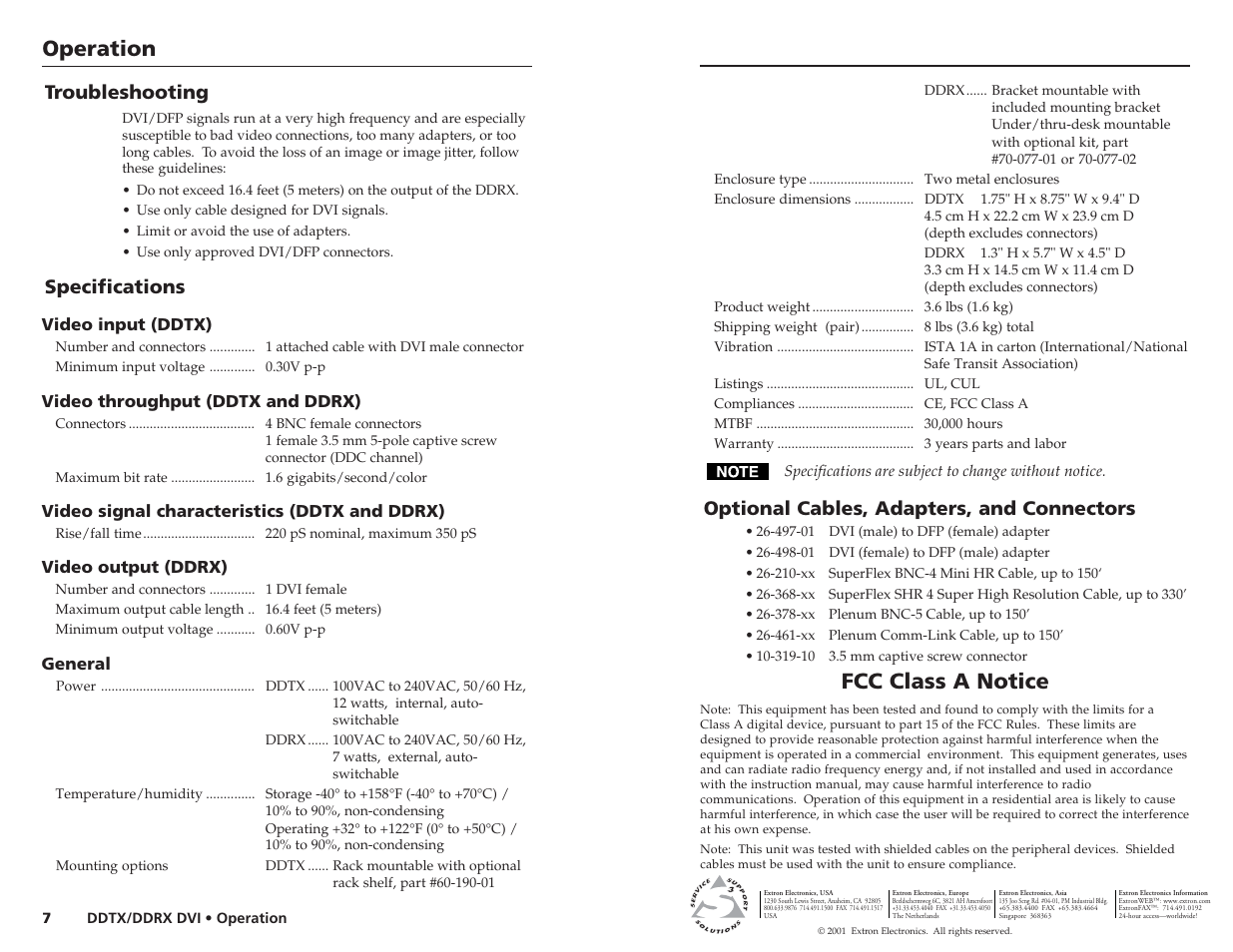 Installation, Operation, Fcc class a notice | Troubleshooting, Specifications, Optional cables, adapters, and connectors | Extron Electronics DDTX_DDRX DVI User Manual | Page 4 / 4