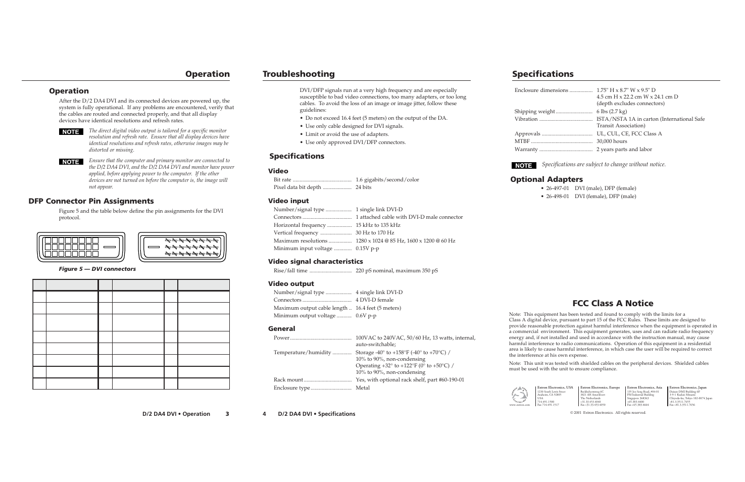 Operation, Troubleshooting specifications, Fcc class a notice | Dfp connector pin assignments, Specifications, Optional adapters | Extron Electronics D_2 DA4 DVI User Manual | Page 2 / 2