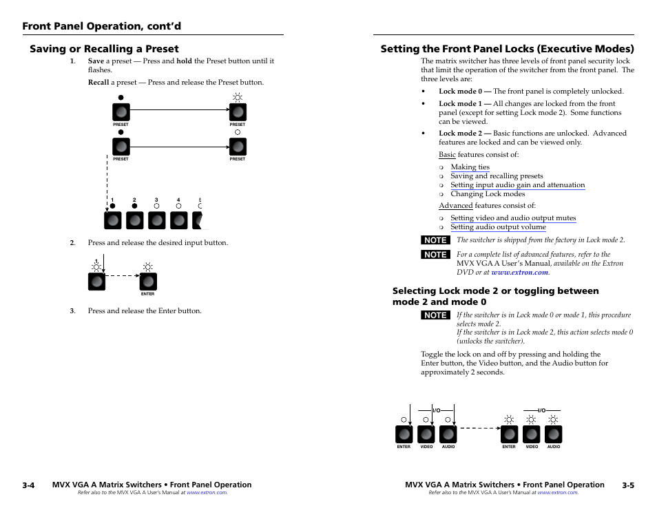 Saving or recalling a preset, Setting the front panel locks (executive modes), Front panel operation, cont’d | Extron Electronics MVX VGA A Setup Guide User Manual | Page 10 / 19