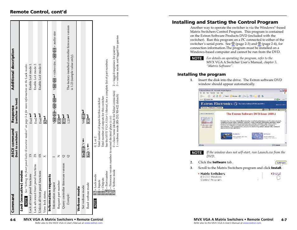 Installing and starting the control program, Installing the program, Installing the program -7 | Remote control, cont’d | Extron Electronics MVX VGA A Setup Guide User Manual | Page 17 / 19