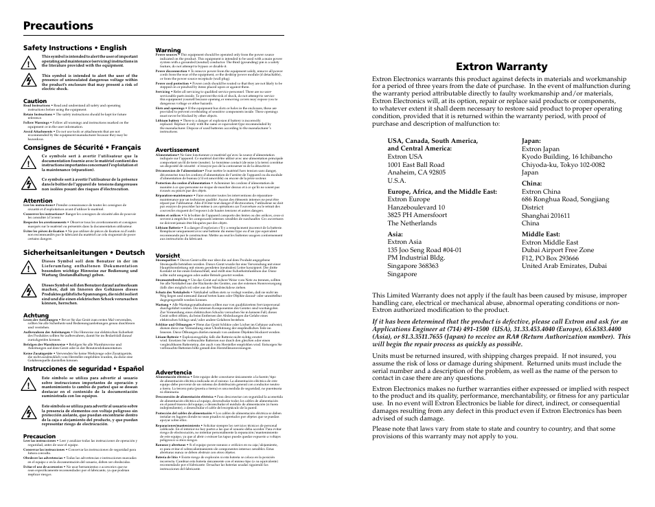 Precautions, Warranty, Extron warranty | Instrucciones de seguridad • español | Extron Electronics MVX VGA A Setup Guide User Manual | Page 2 / 19