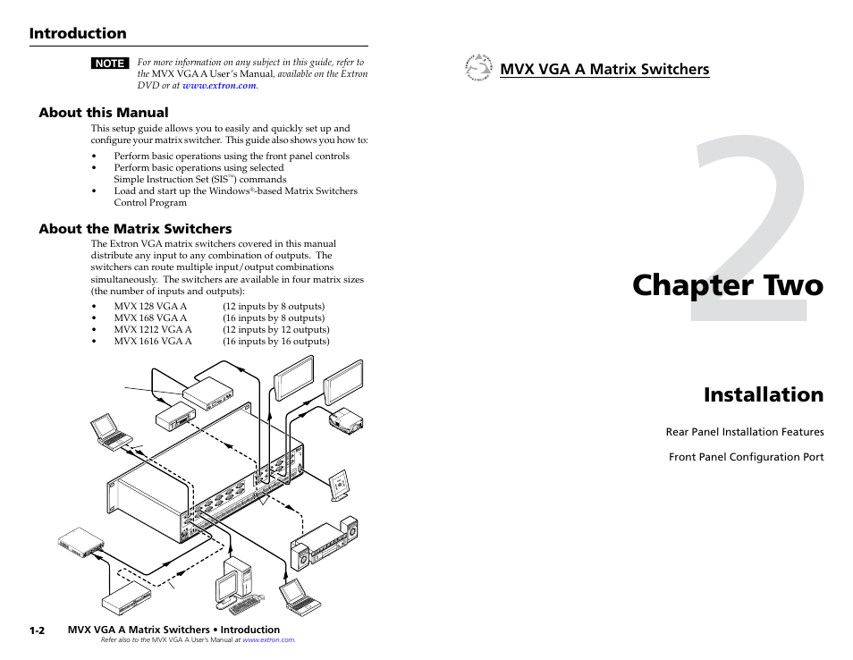 About this manual, About the matrix switchers, Chapter 2 • installation | Chapter two, Installation, Chapter two • installation | Extron Electronics MVX VGA A Setup Guide User Manual | Page 6 / 19