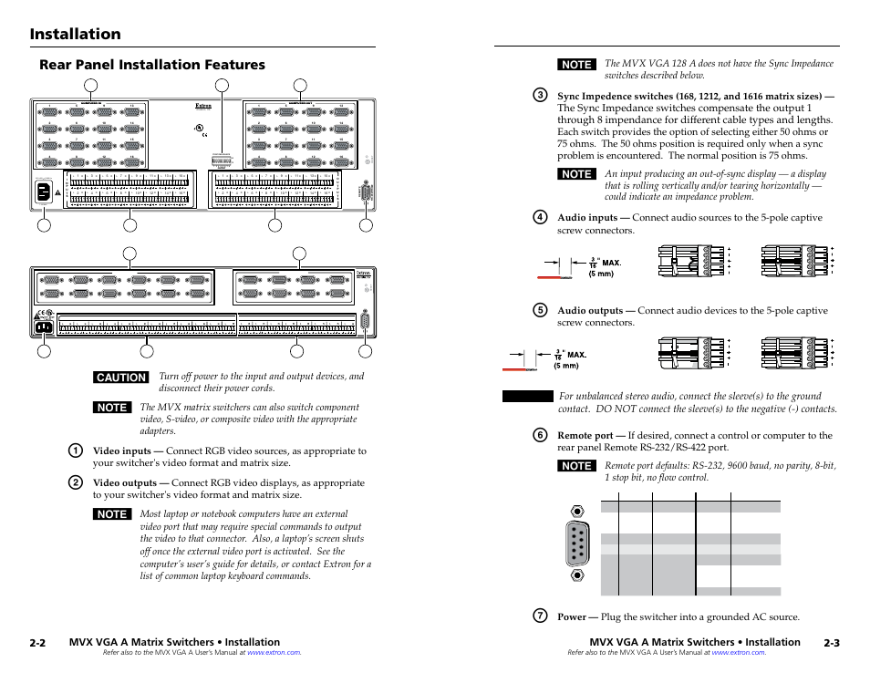 Rear panel installation features, Installation, Listed 1t23 i.t.e | Mvx vga a matrix switchers • installation | Extron Electronics MVX VGA A Setup Guide User Manual | Page 7 / 19