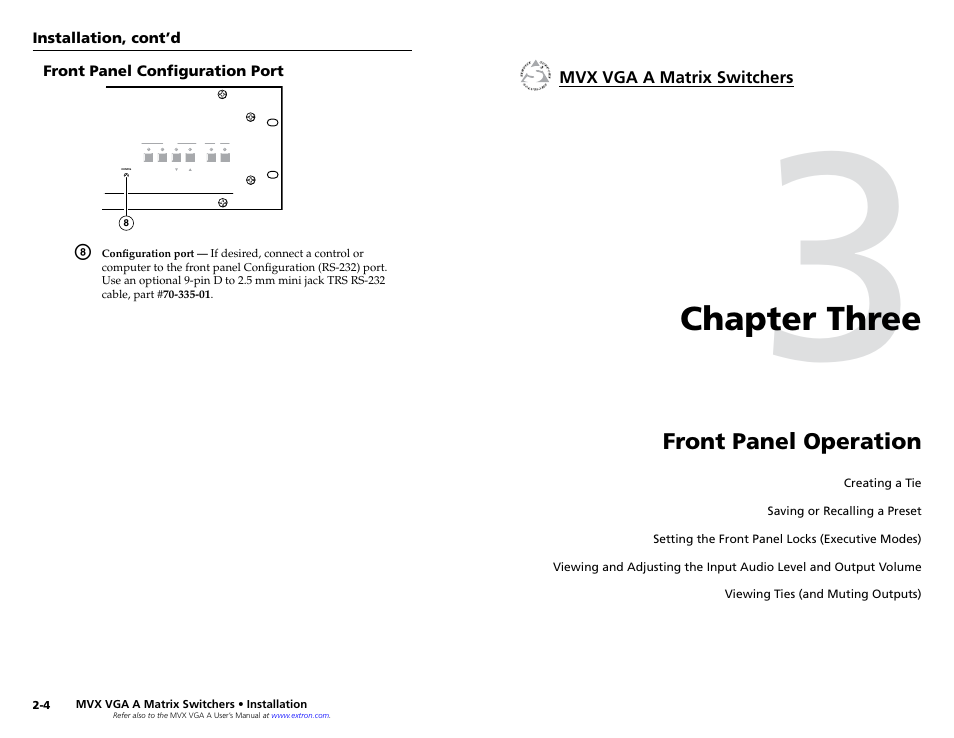 Front panel configuration port, Chapter 3 • front panel operation, Chapter three | Front panel operation, Chapter three • front panel operation | Extron Electronics MVX VGA A Setup Guide User Manual | Page 8 / 19