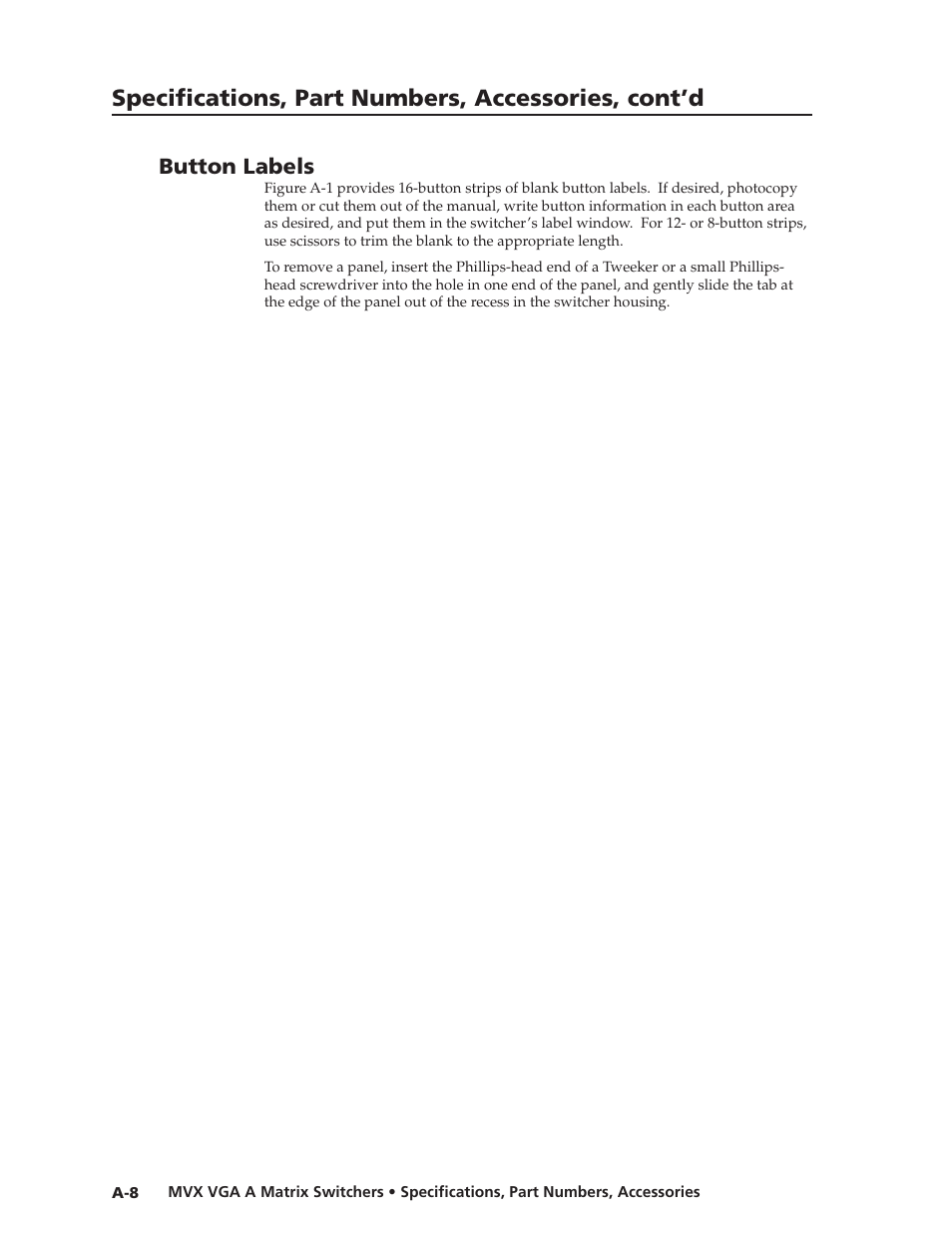 Button labels, Preliminar y, Specifications, part numbers, accessories, cont’d | Extron Electronics MVX VGA A User Guide User Manual | Page 103 / 107