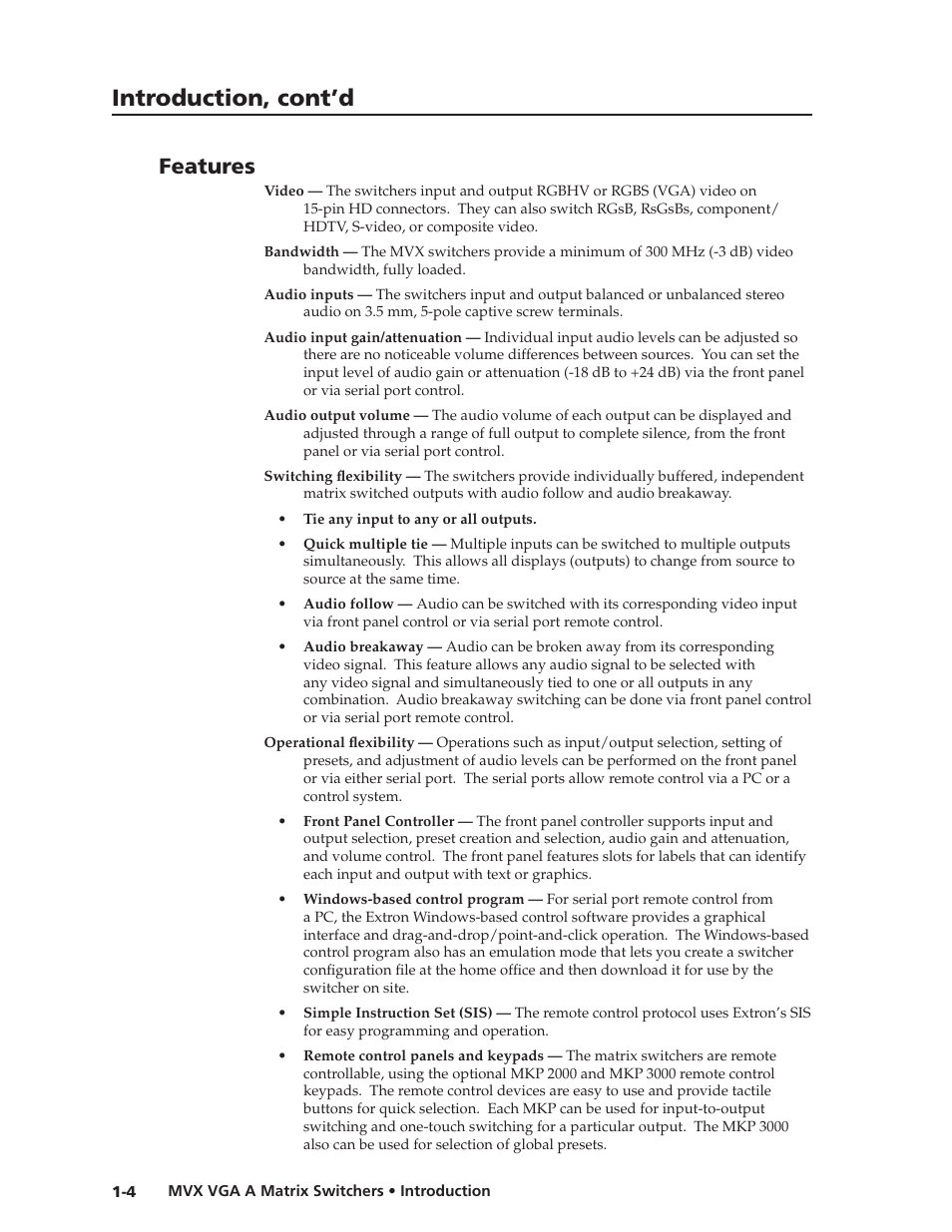 Features, Preliminar y, Introduction, cont’d | Extron Electronics MVX VGA A User Guide User Manual | Page 13 / 107