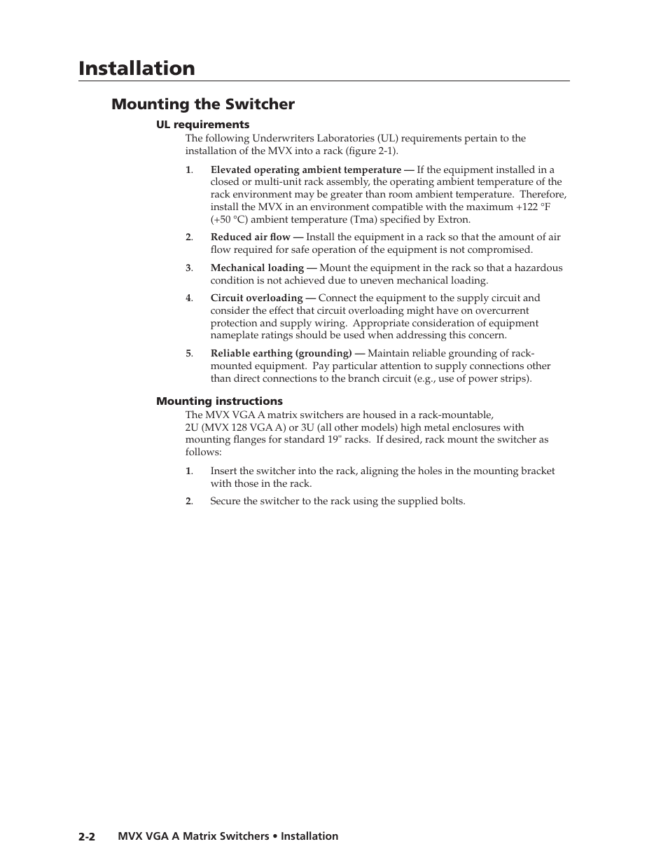 Mounting the switcher, Ul requirements, Mounting instructions | Ul.requirements -2 mounting.instructions -2, Preliminar y, Installation | Extron Electronics MVX VGA A User Guide User Manual | Page 17 / 107