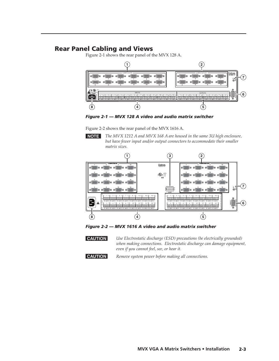 Rear panel cabling and views, Preliminar y, 3 mvx vga a matrix switchers • installation | Extron Electronics MVX VGA A User Guide User Manual | Page 18 / 107