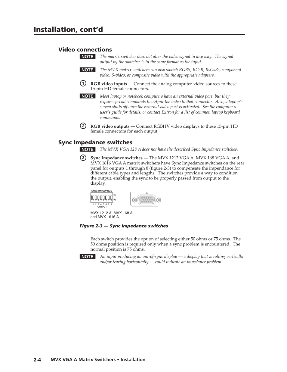 Video connections, Sync impedance switches, Video.connections -4 sync.impedance.switches -4 | Preliminar y, Installation, cont’d | Extron Electronics MVX VGA A User Guide User Manual | Page 19 / 107