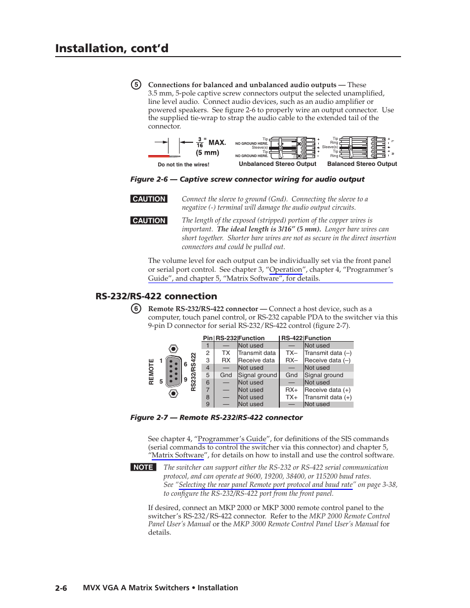 Rs-232/rs-422 connection, Rs-232/rs-422.connection -6, Preliminar y | Installation, cont’d | Extron Electronics MVX VGA A User Guide User Manual | Page 21 / 107
