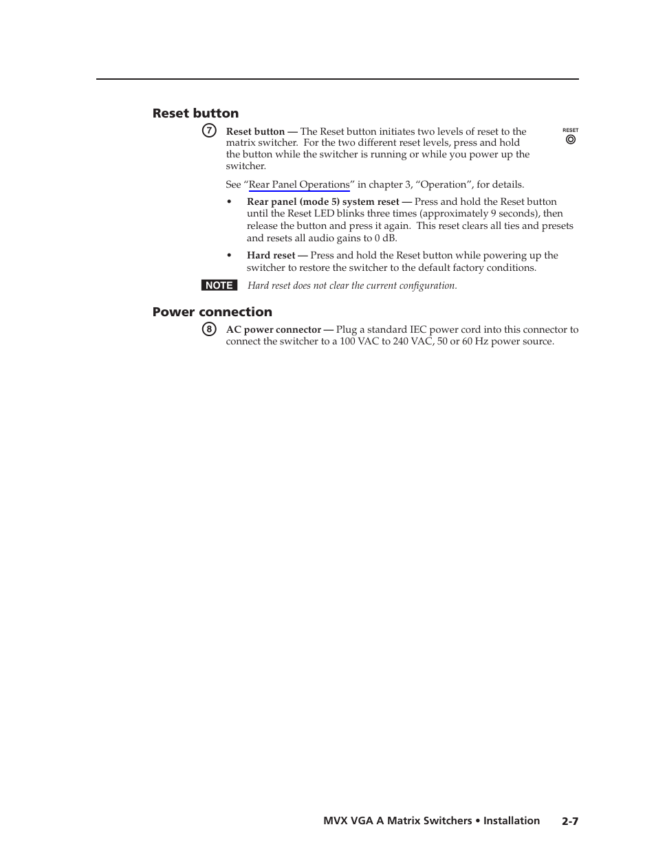 Reset button, Power connection, Reset.button -7 power.connection -7 | Preliminar y | Extron Electronics MVX VGA A User Guide User Manual | Page 22 / 107