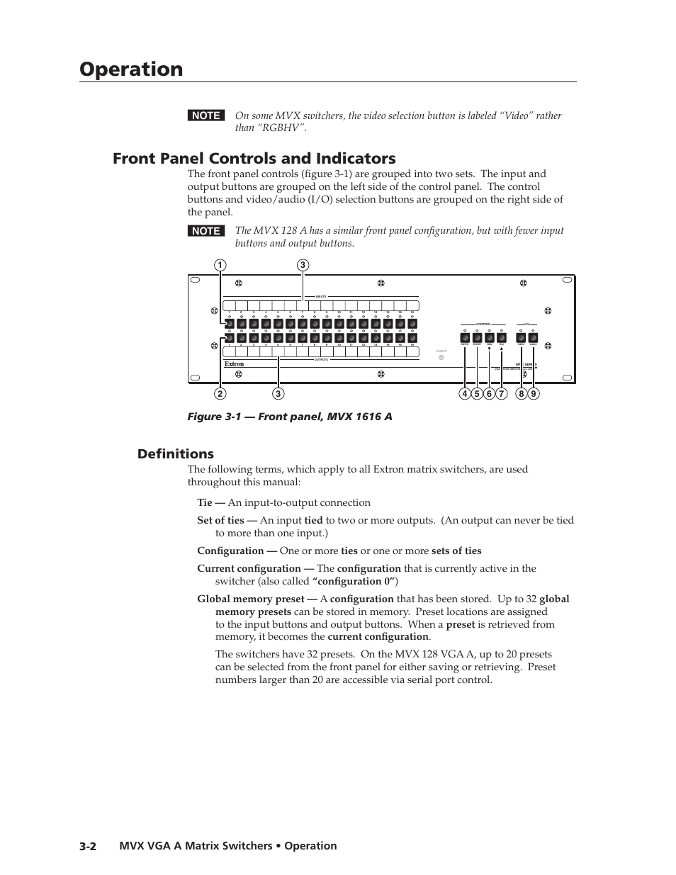 Front panel controls and indicators, Definitions, Definitions -2 | Operation, Preliminar y, Mvx vga a matrix switchers • operation 3-2 | Extron Electronics MVX VGA A User Guide User Manual | Page 25 / 107