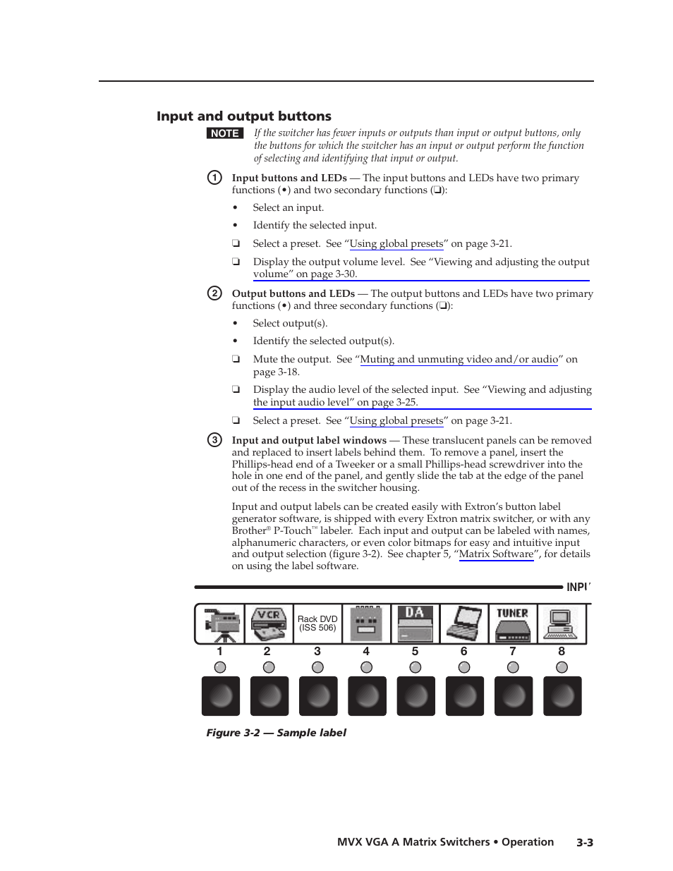 Input and output buttons, Input.and.output.buttons -3, Preliminar y | Extron Electronics MVX VGA A User Guide User Manual | Page 26 / 107